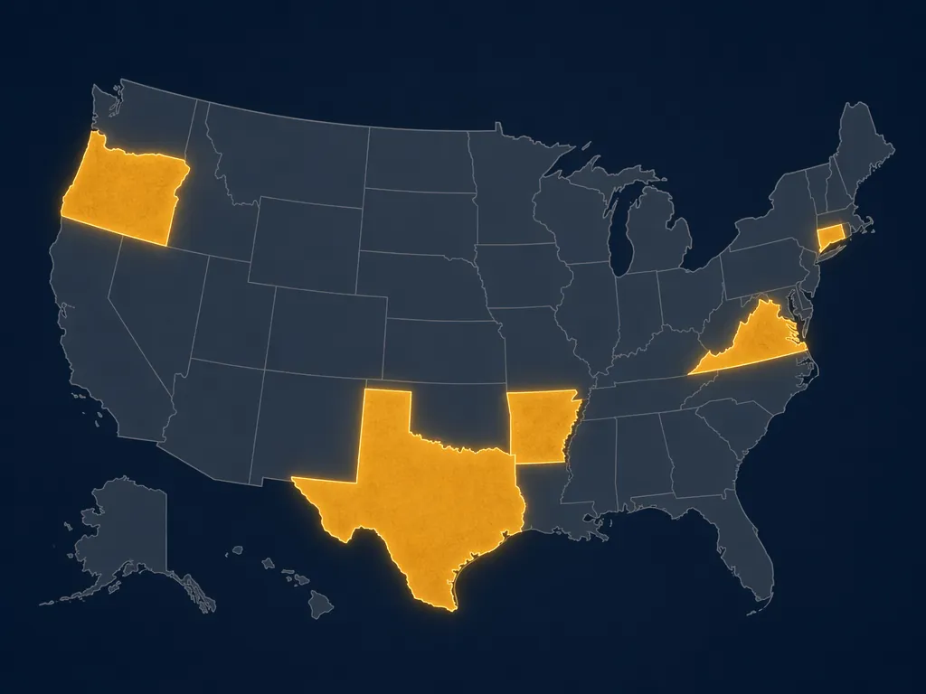 Map of the United States highlighting Oregon, Texas, Connecticut, Virginia, and Arkansas