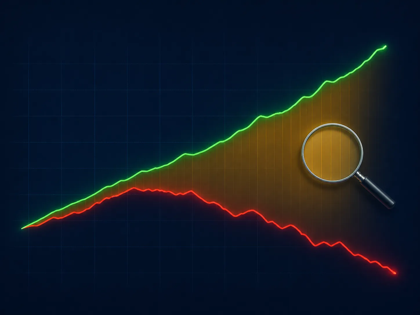 Analytics-style chart showing a widening gap between a green line and a red line
