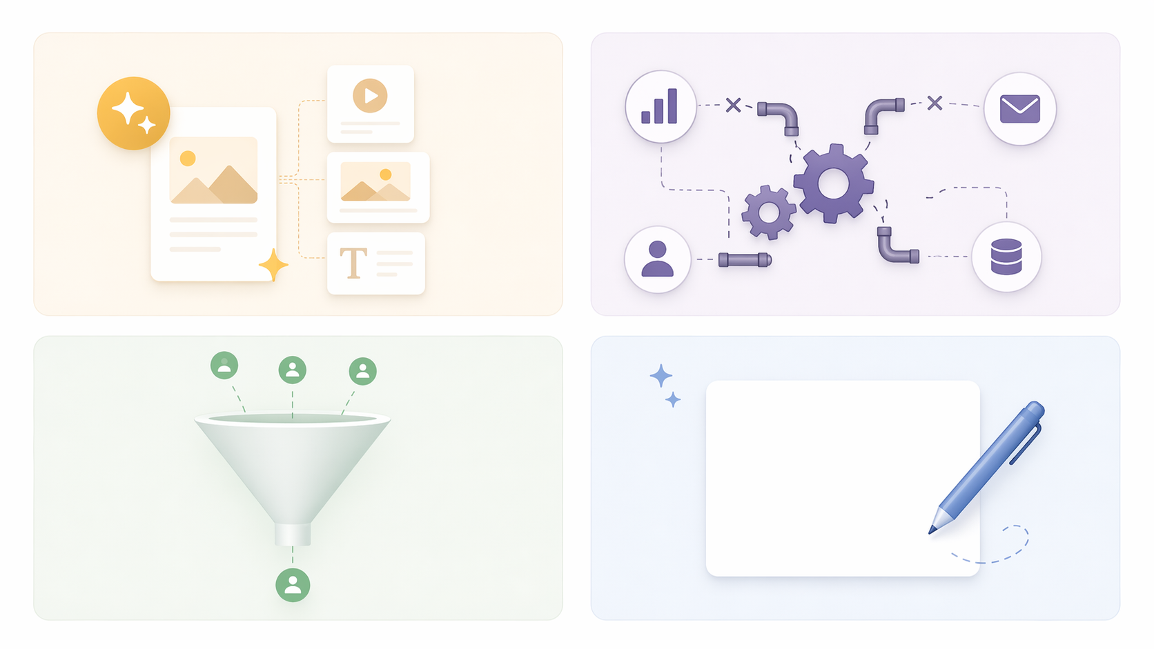 Four marketing bottleneck profiles: content quality, integration chaos, lead generation, and getting started