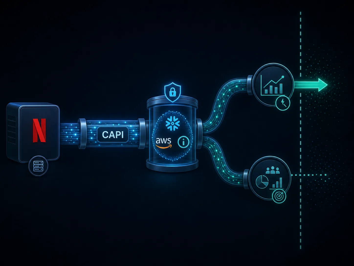 Dark data-flow diagram showing Netflix CAPI, clean room partnerships, real-time outcome signals, and remaining attribution opacity