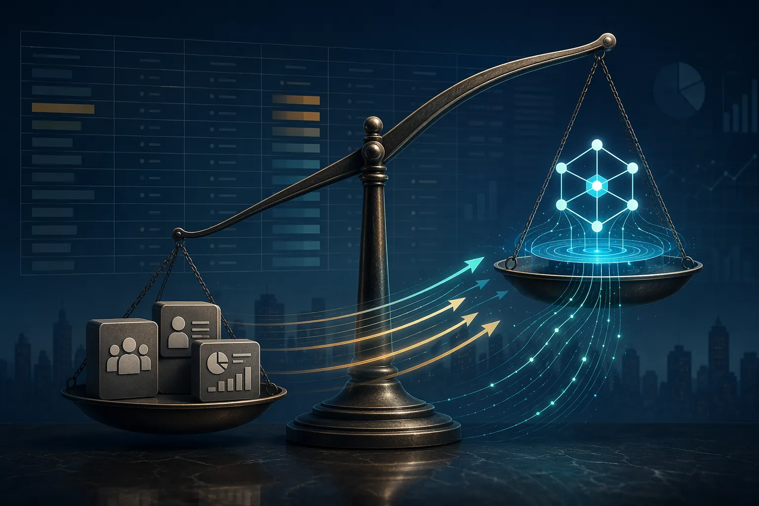Financial scale balancing AI governance spend against compressed marketing tool budgets