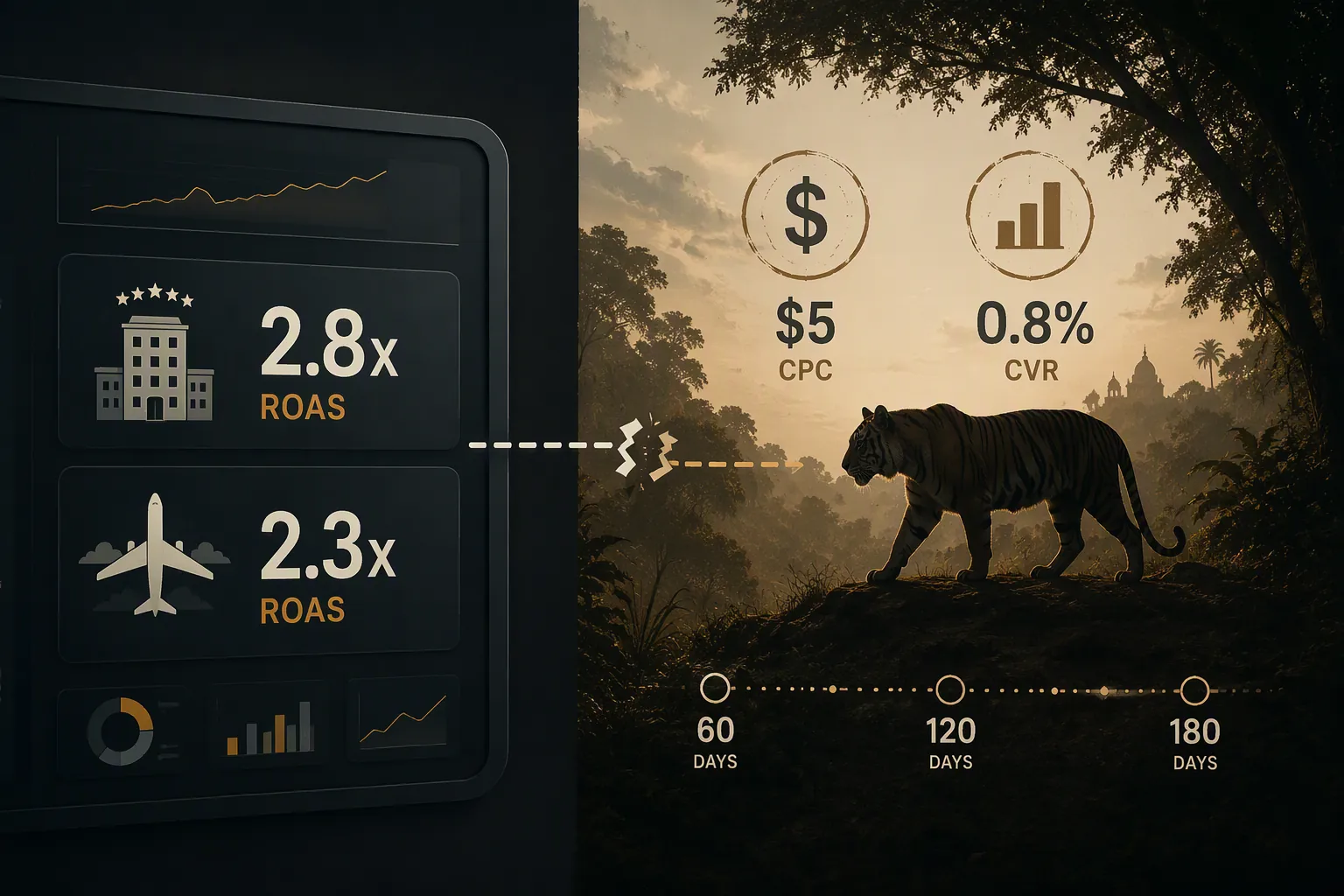 Generic travel ROAS metrics separated from a long-window tiger safari advertising timeline