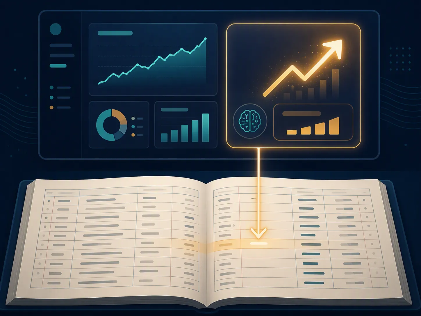 A glowing analytics dashboard claim being verified against ledger rows