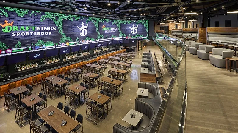 Exterior of the DraftKings sportsbook venue at Wrigley Field in Chicago with branded entrance signage