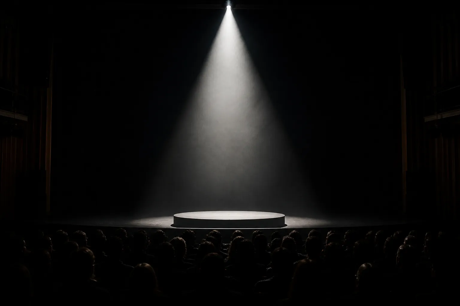 A dark auditorium with a spotlight falling on an empty podium and blurred audience silhouettes