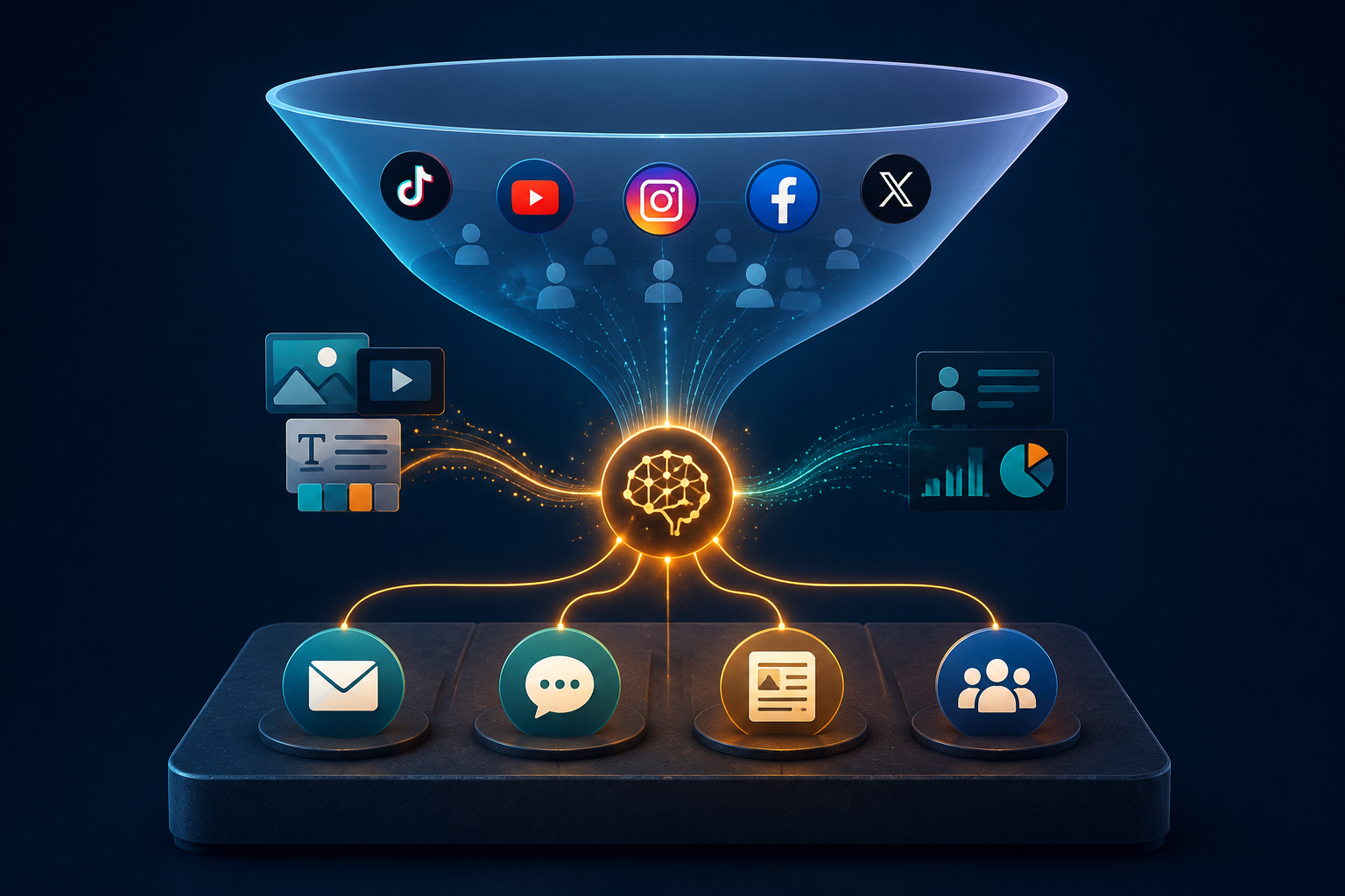 Two-layer marketing strategy showing Meta as an acquisition layer above owned channels with AI connecting creative and audience data