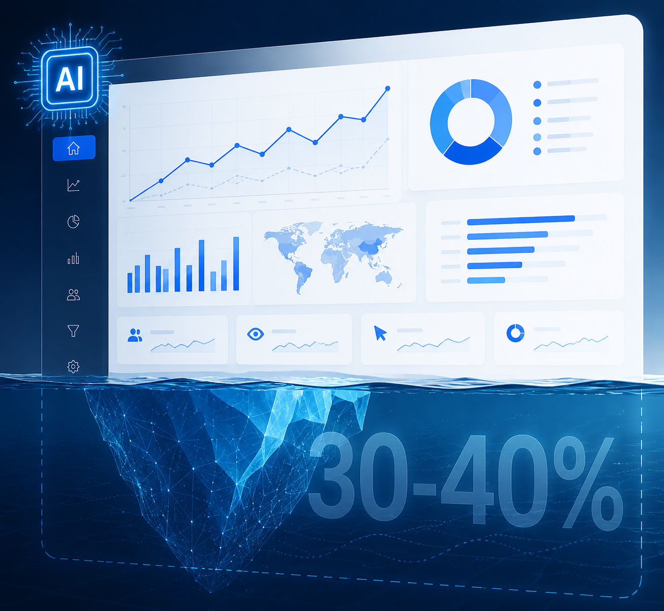 Analytics dashboard visual with an AI icon and a 30 to 40 percent watermark showing the gap between captured and missing AI search traffic
