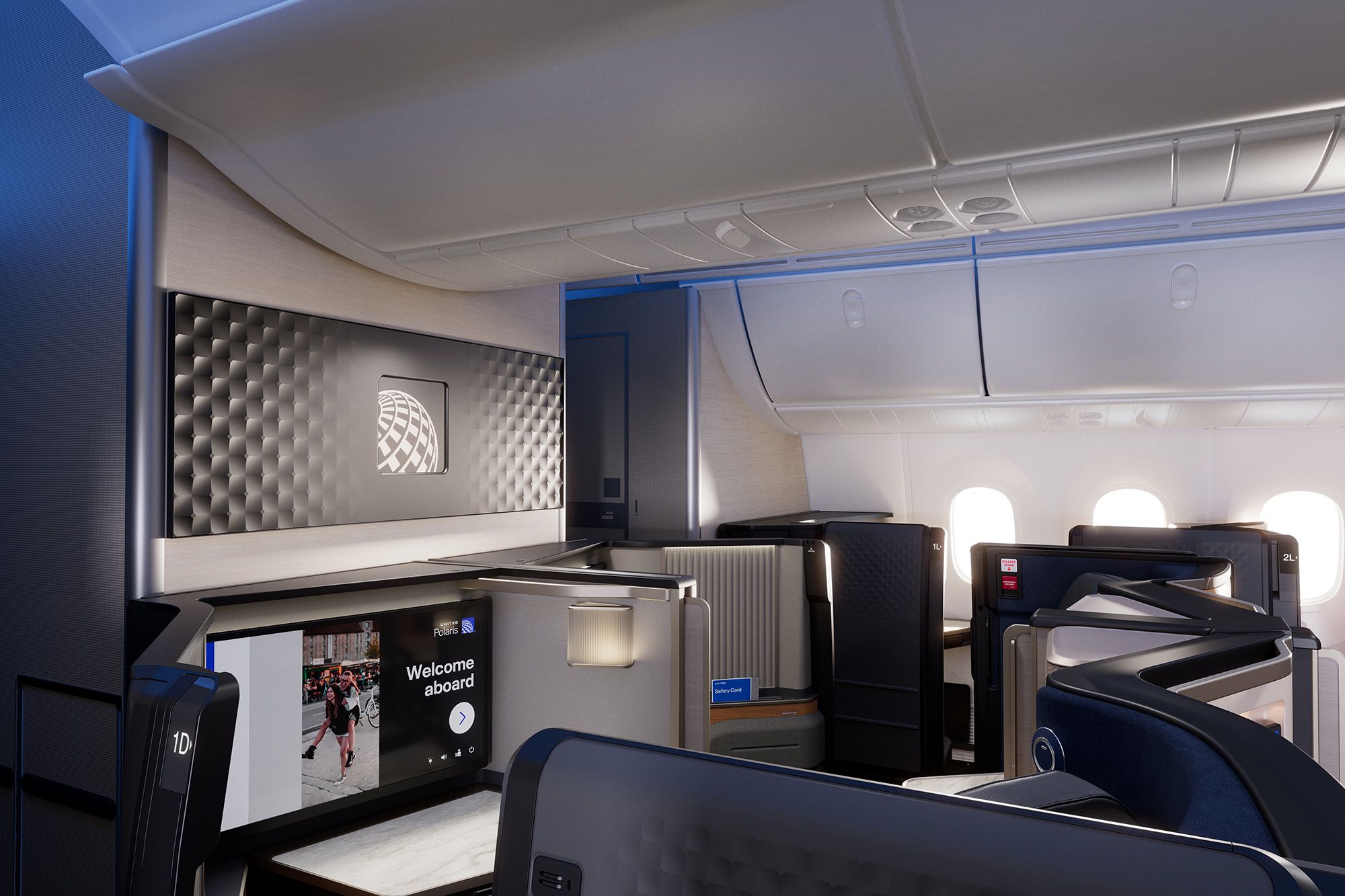 United Airlines Polaris Studio business class suites inside a Boeing 787 Dreamliner