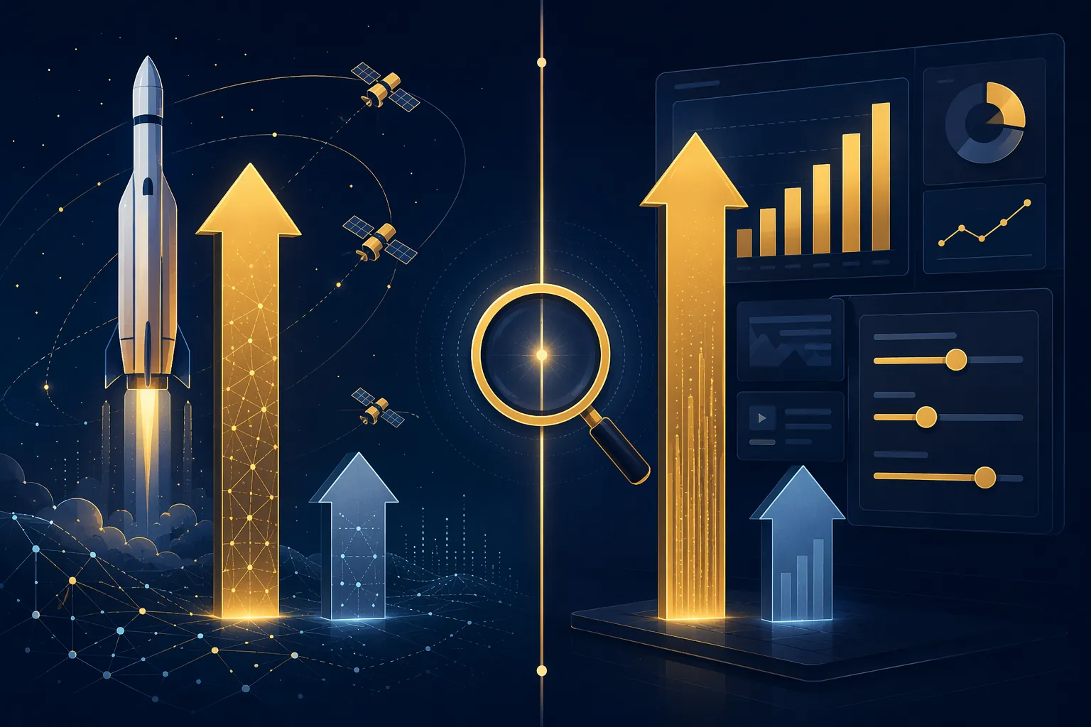 Split illustration comparing SpaceX AI valuation claims with advertising dashboard lift claims under a magnifying glass