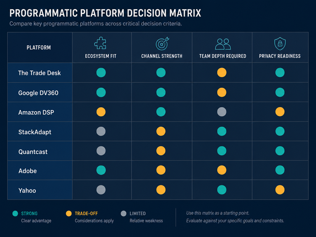 Decision criteria matrix grid with seven DSP platforms as rows and four decision-criteria columns using amber, teal, and gray dot indicators to show each platform's strengths and trade-offs.