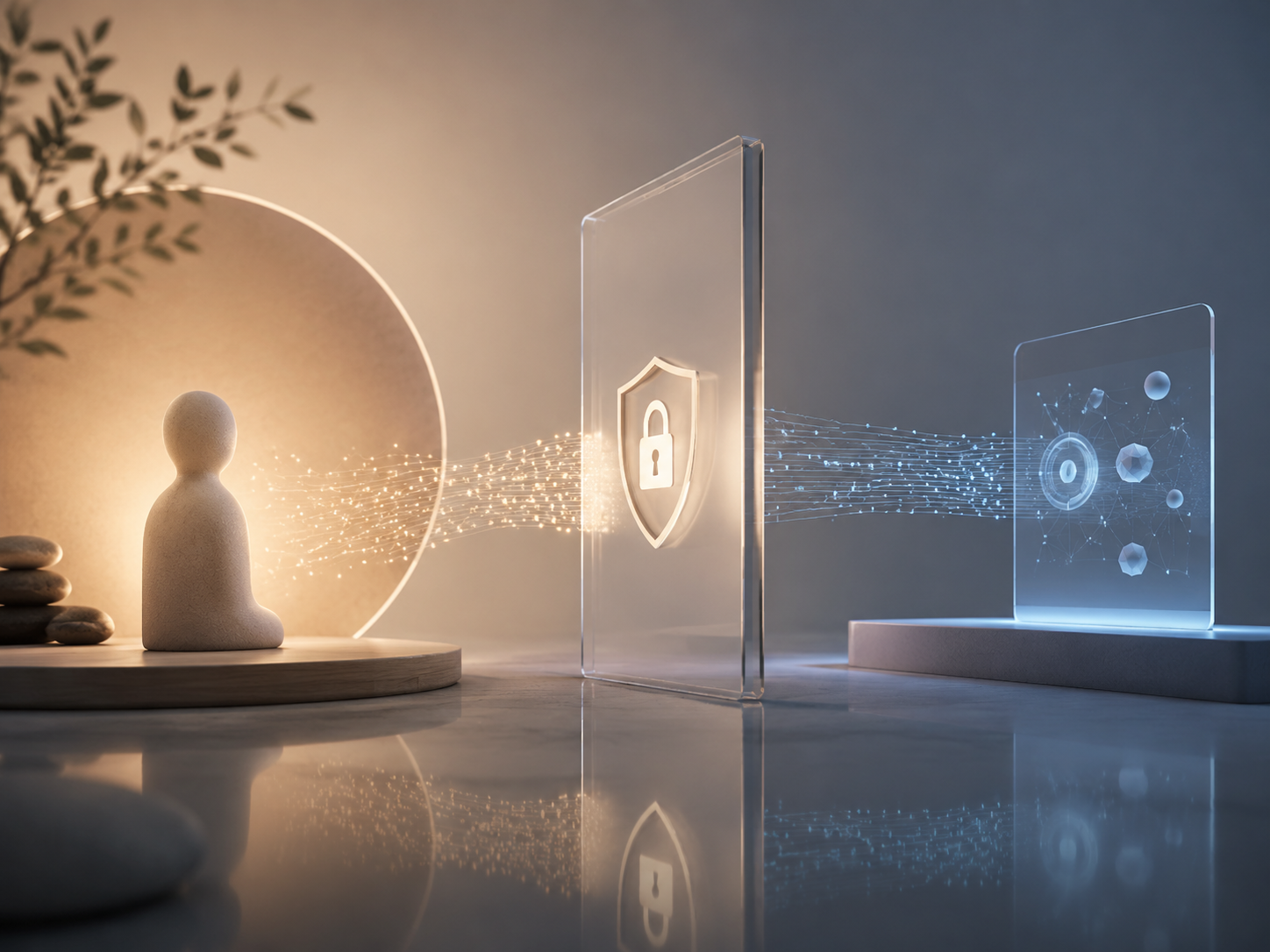 Abstract user and AI interface separated by a translucent trust barrier