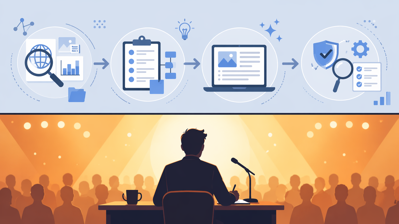 Workflow illustration separating AI-assisted backstage work from human customer-facing voice.