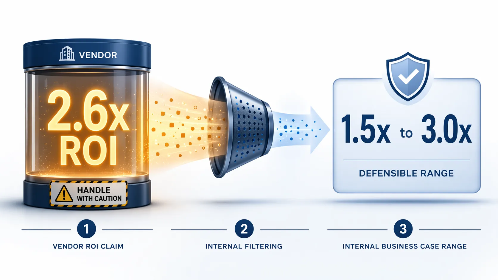 Vendor-sourced 2.6x ROI figure passing through a filtering funnel into a defensible ROI range