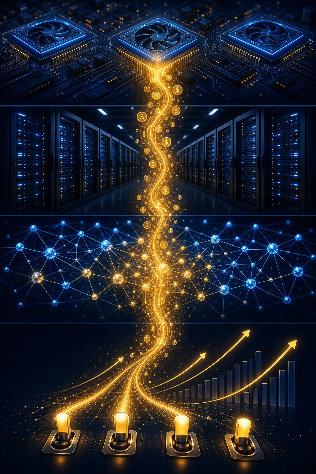 Editorial illustration of GPUs, data-center infrastructure, AI systems, and rising ad prices connected by a flow of capital