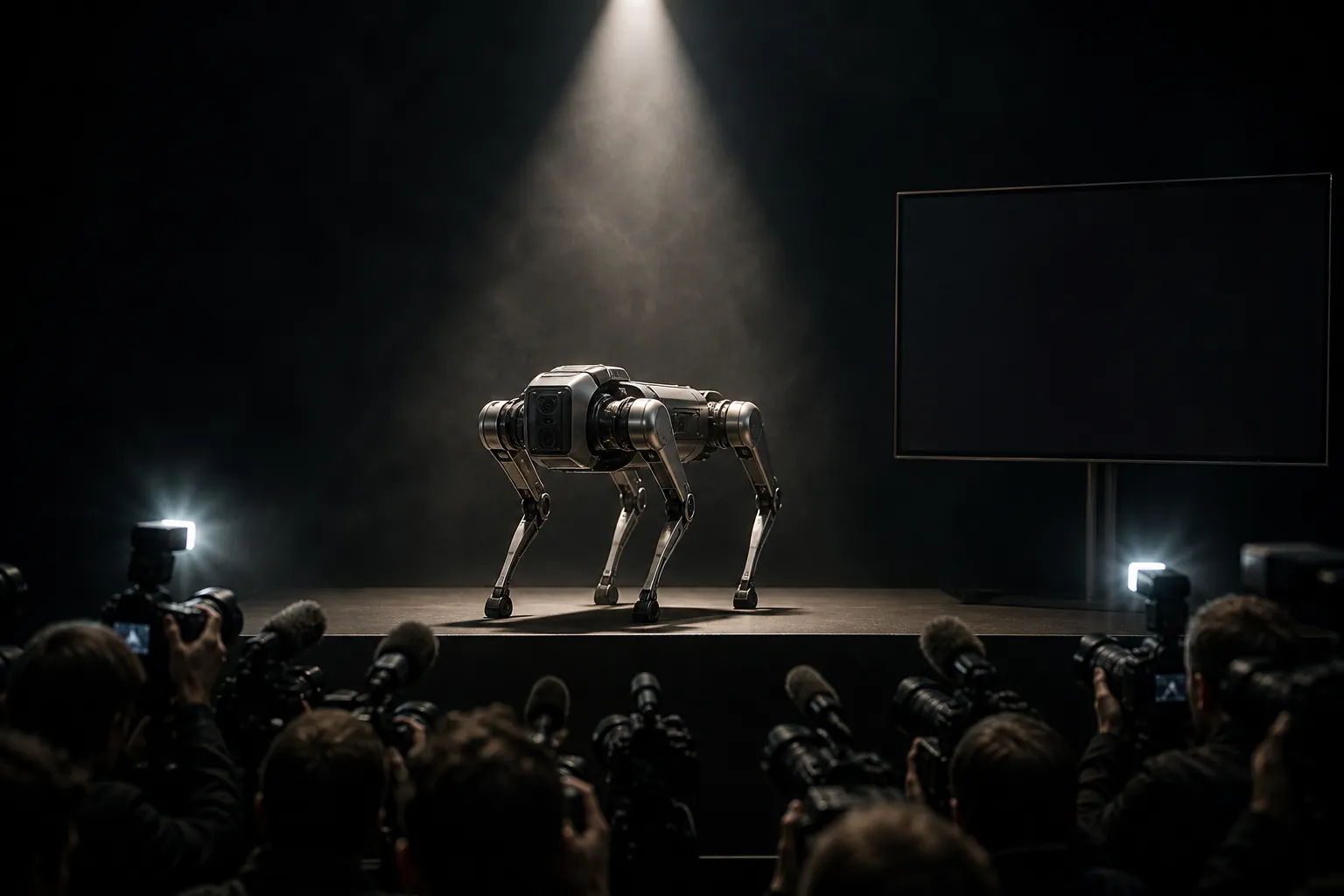 Industrial robot dog on a spotlighted stage surrounded by press cameras beside a blank monitor