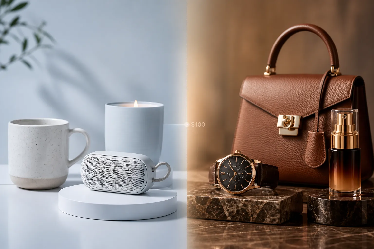 Split scene comparing lower-priced products with AI-style product imagery and premium products with traditional studio photography