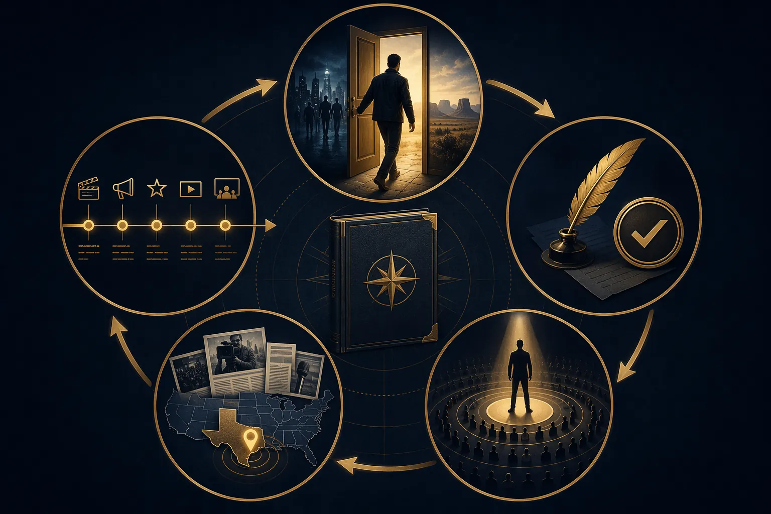 Five-panel illustration of a franchise launch playbook with backdoor pilot, creator authorship, star power, local earned media, and announcement cadence
