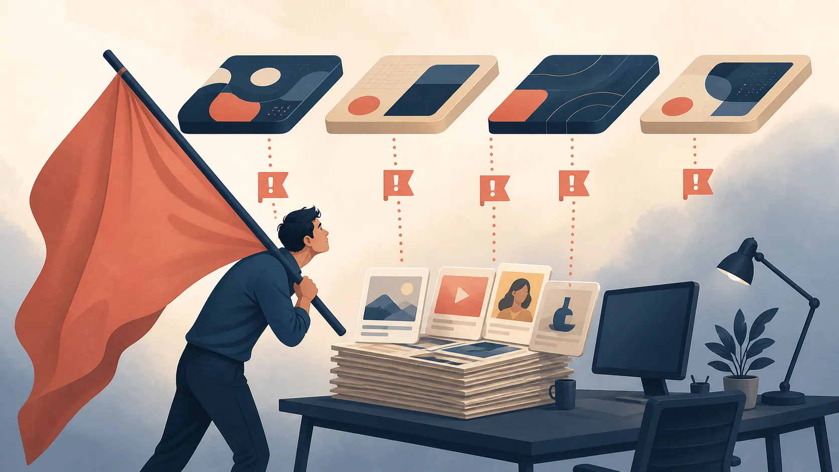 A marketer carrying a large review flag while platform panels flag ad creative mockups