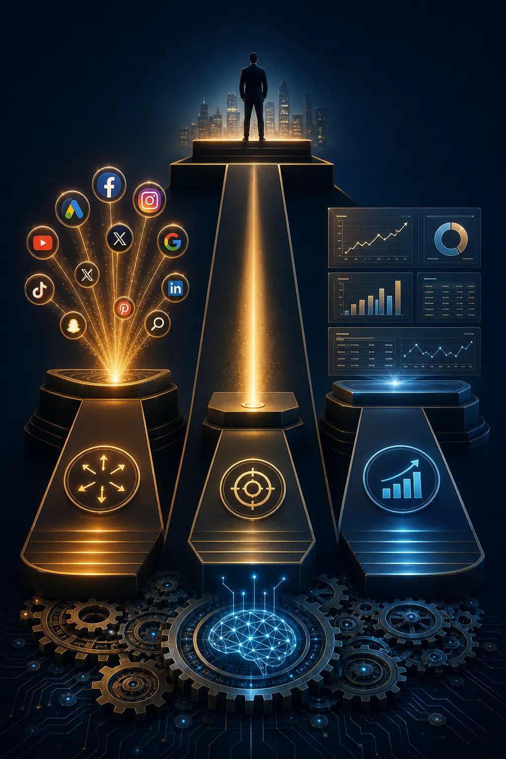 Three connected career steps rising from AI automation gears: Go Broad, Specialize, and Build
