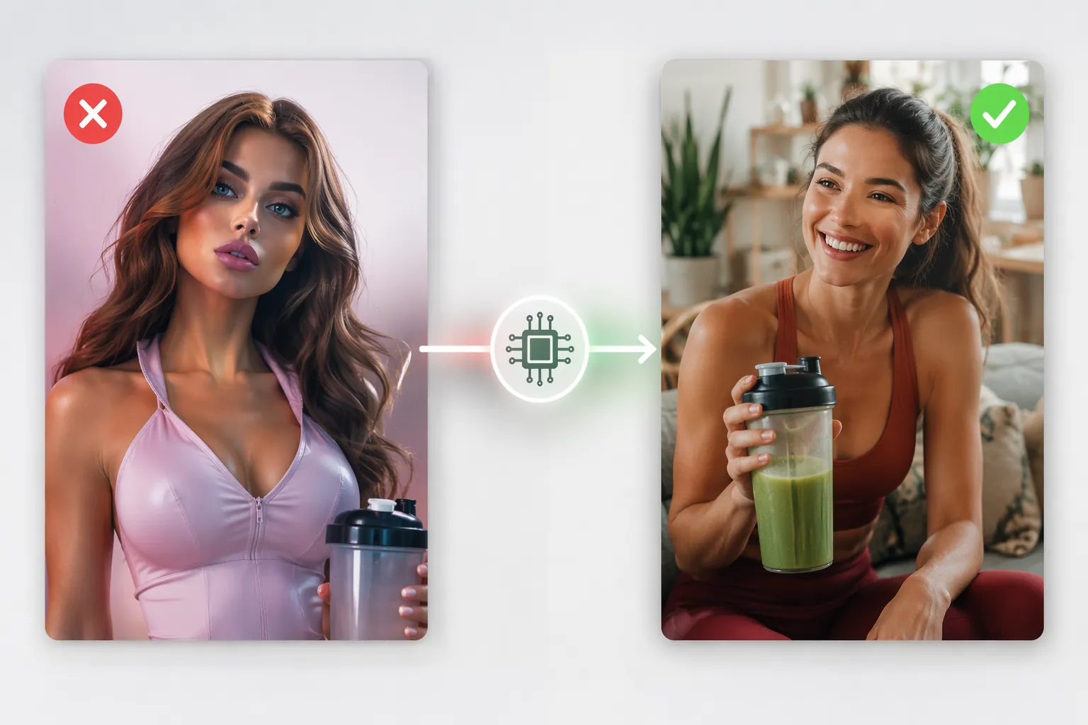 Comparison of an obvious AI-generated ad and a natural-looking AI-generated ad with a human face