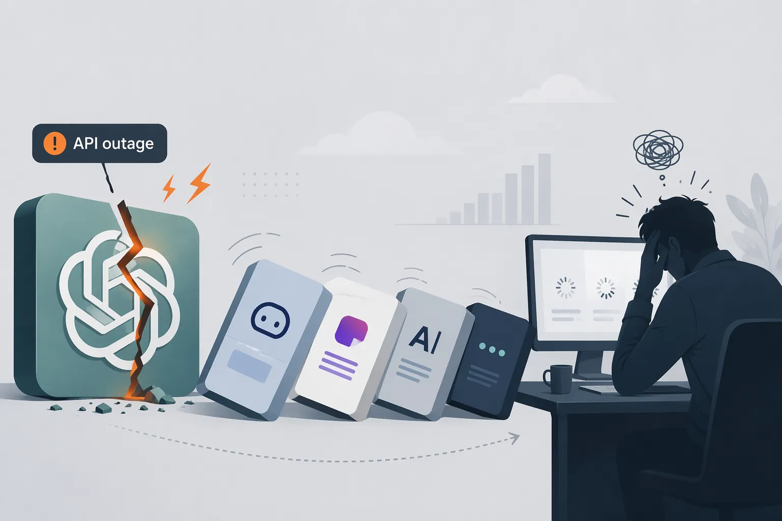 Illustration of an OpenAI outage triggering failures across AI ad tools while a marketer faces loading screens