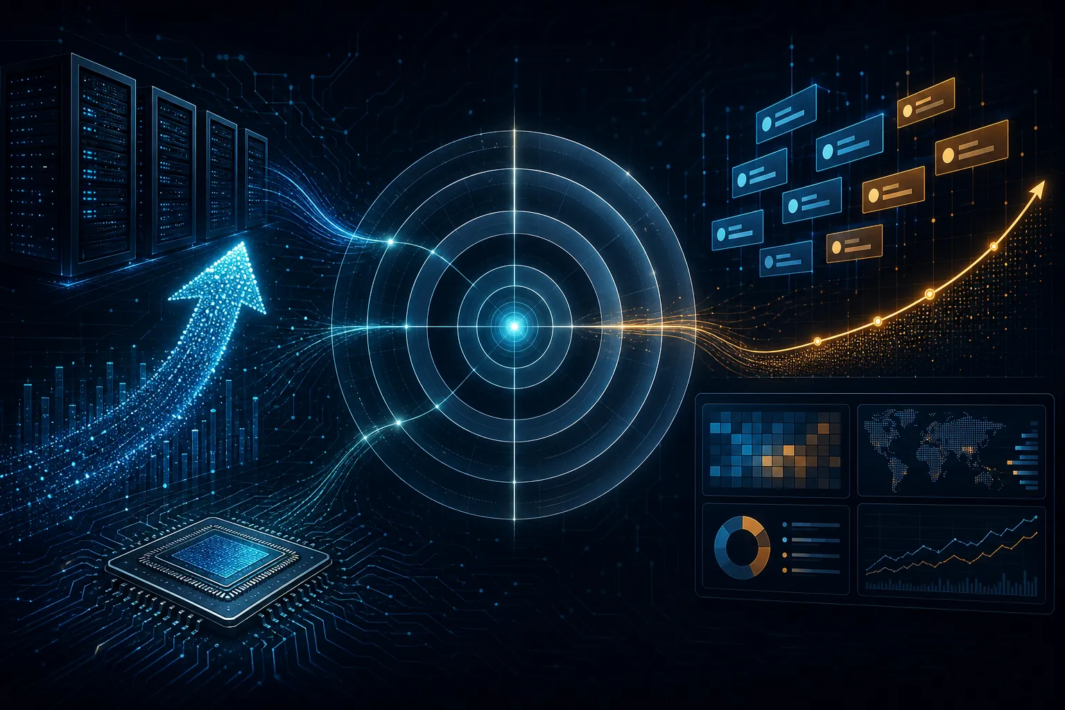 Editorial illustration connecting AI compute infrastructure to ad-auction signals through a central target