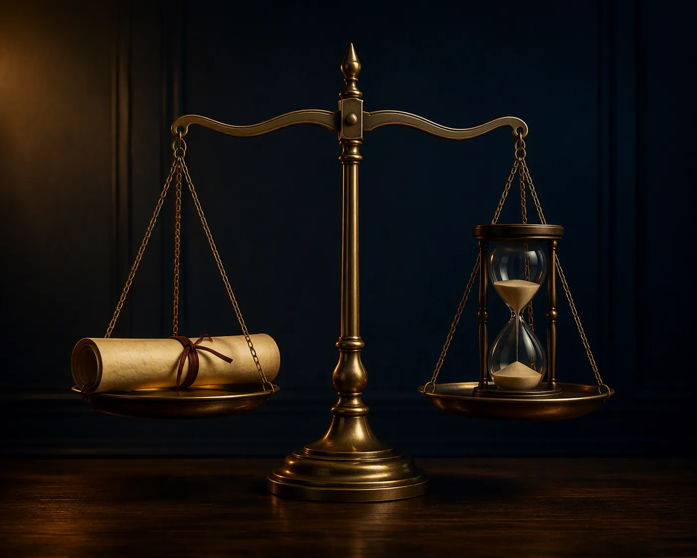 Scales of justice with a legal document and hourglass, suggesting a court ruling awaiting appeal