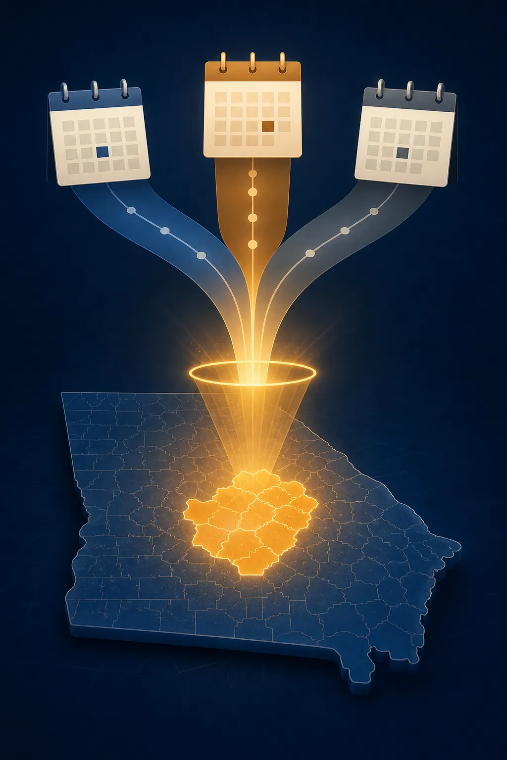 Stylized Georgia map with converging timeline arrows