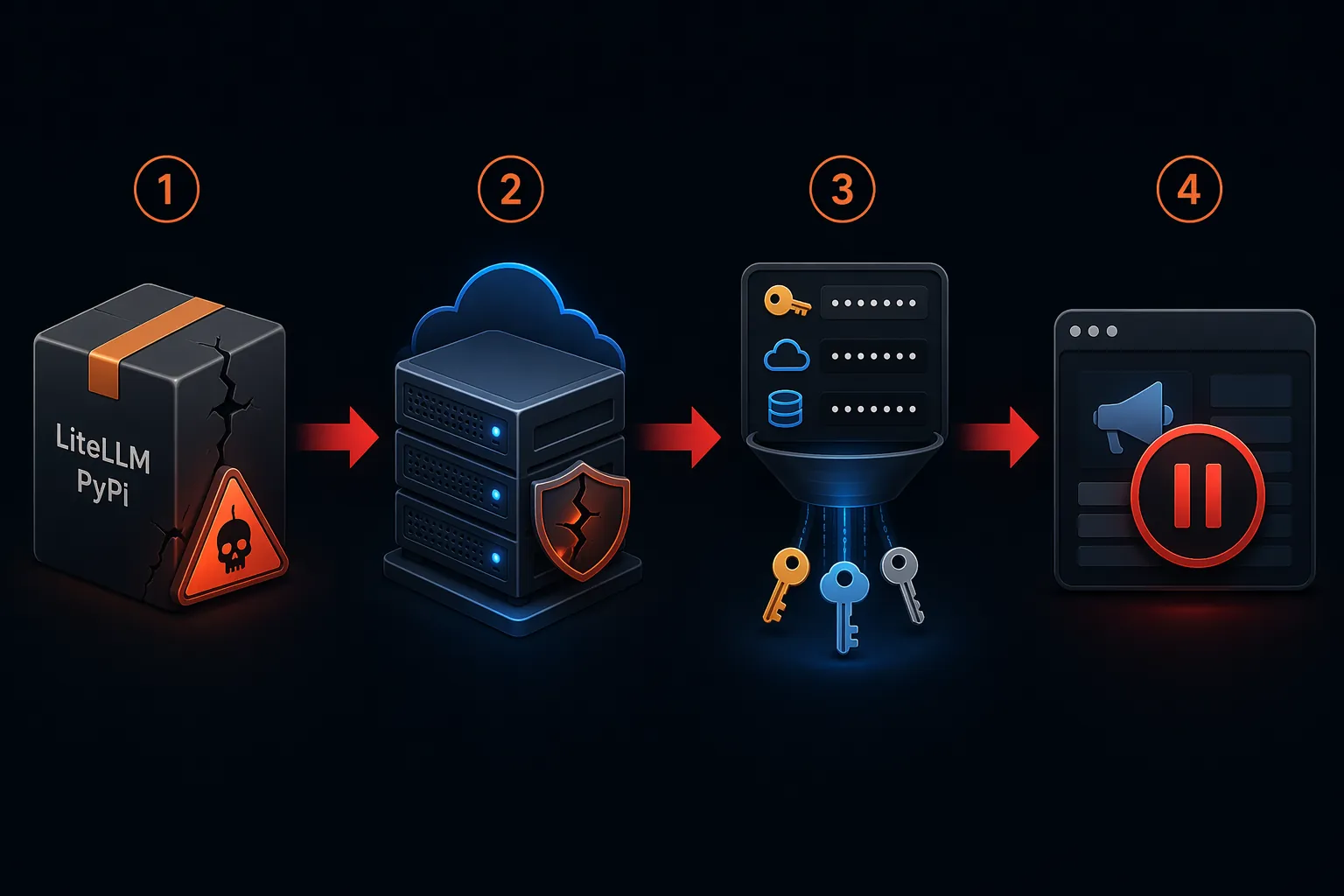 Flow diagram showing a poisoned LiteLLM dependency compromising an AI vendor, exposing credentials, and disrupting an advertising platform relationship