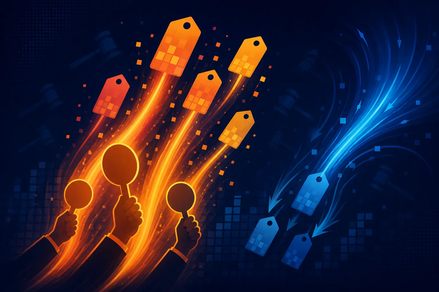 Digital ad auction illustration with warm forces pushing price tags upward and a blue force pulling prices downward