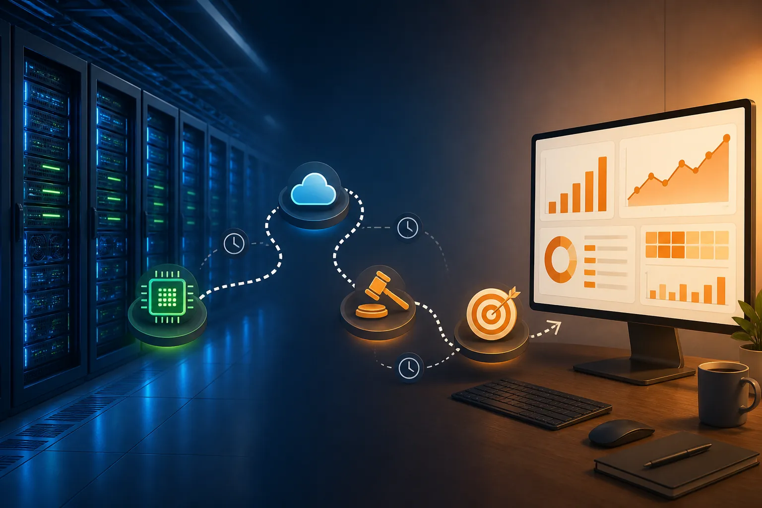 A winding, delayed path connecting GPU data centers to a marketing performance dashboard