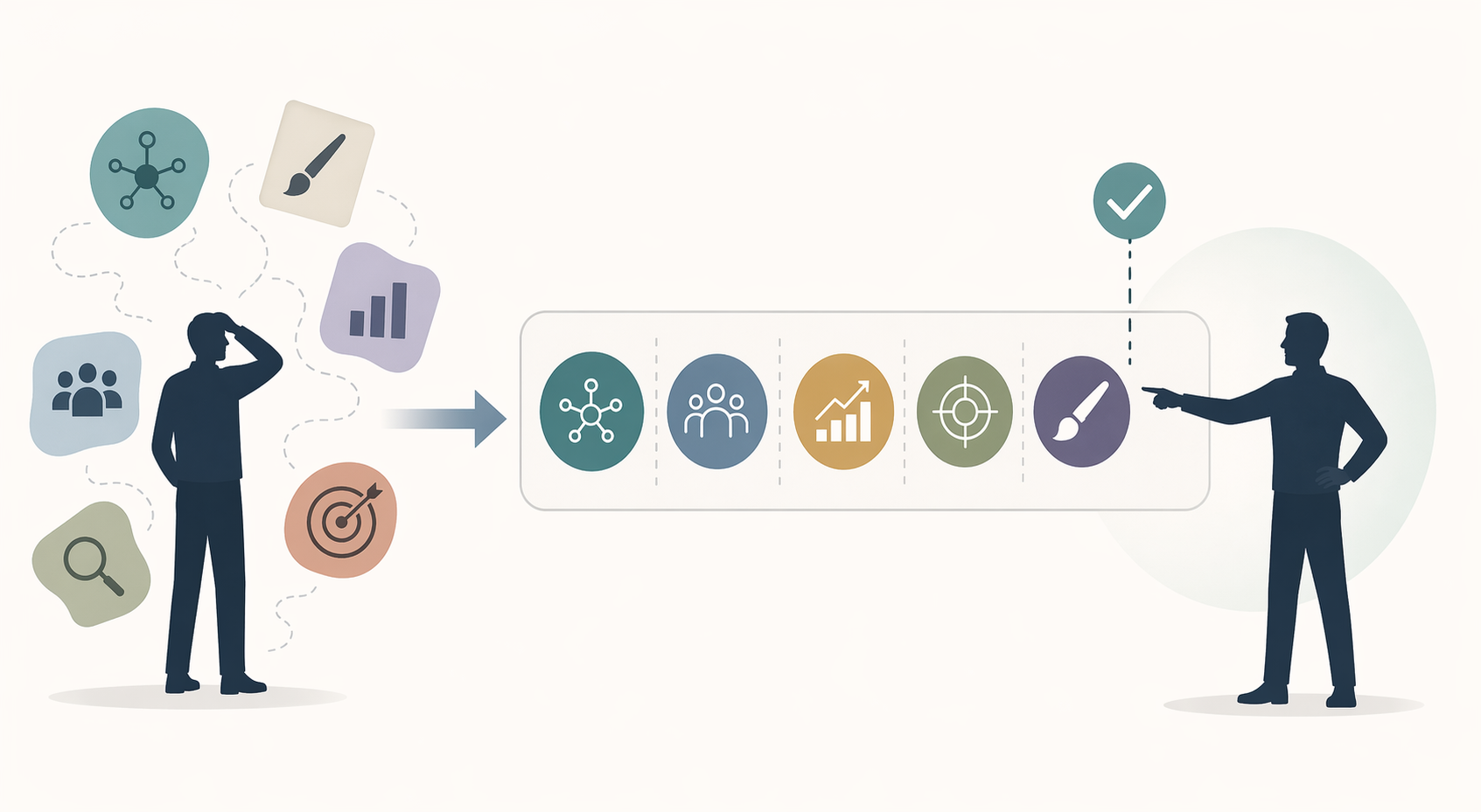 Decision flow from mismatched AI marketing vendor icons to a structured six-category framework and a focused category selection