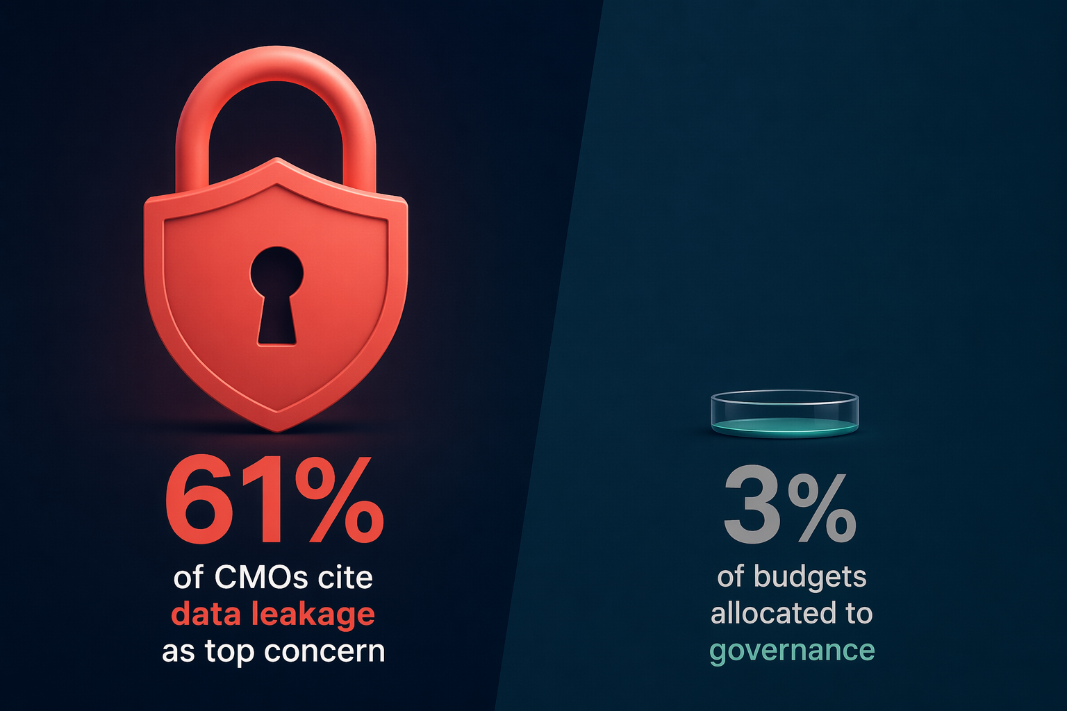 Side-by-side comparison graphic showing a large coral '61%' figure with a padlock icon contrasted with a tiny muted gray '3%' figure.