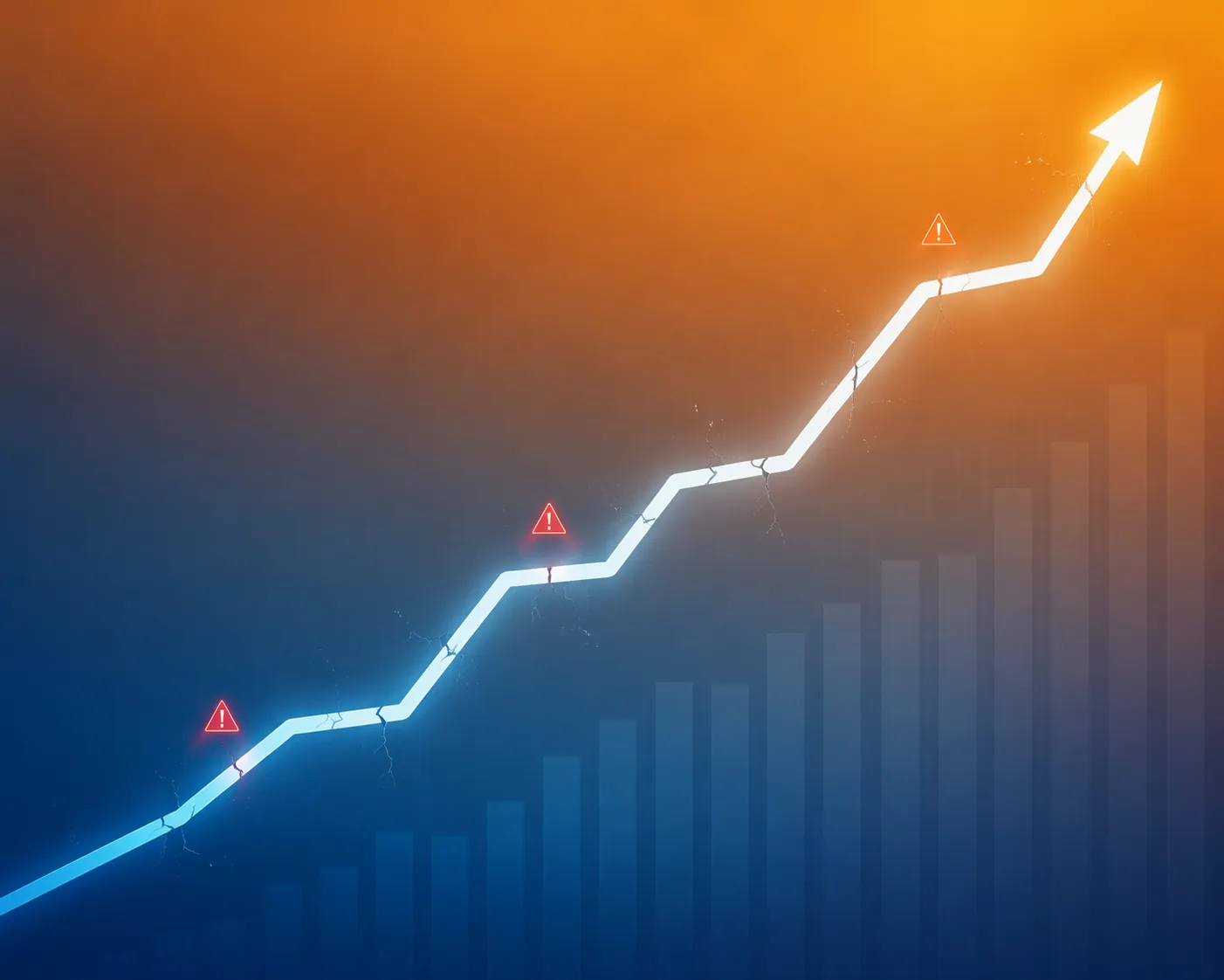 Upward-trending financial chart with cracks and red warning indicators
