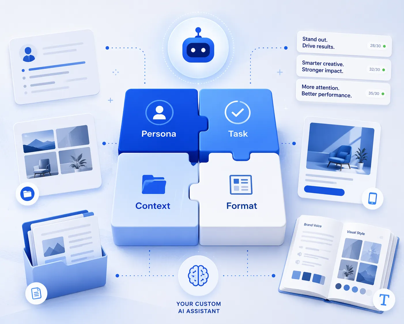 Four connected blocks labeled Persona, Task, Context, and Format with ad headline snippets and character counters