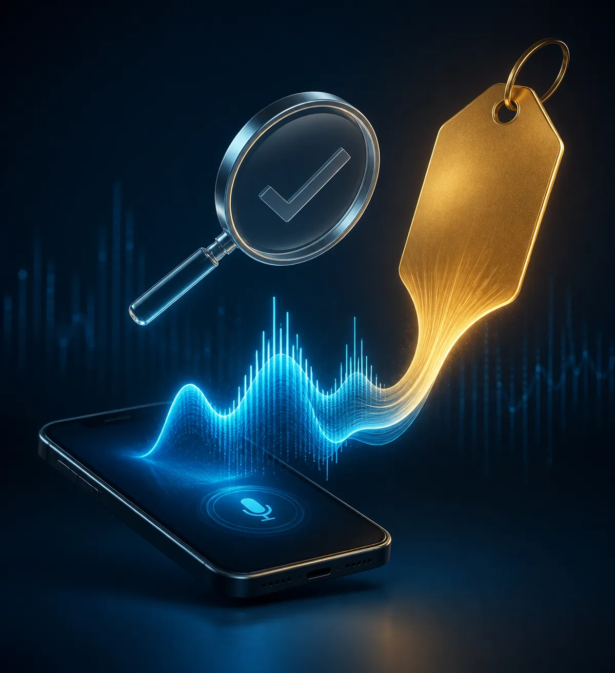 A smartphone emitting a blue voice waveform toward a golden price tag while a magnifying glass checks the advertising surface
