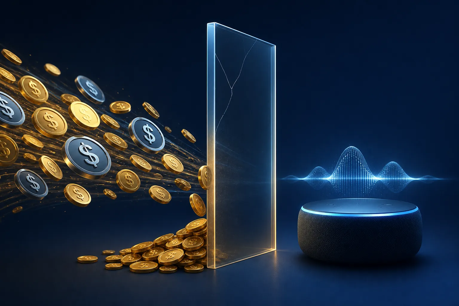 Advertising tokens and coins approaching a voice-assistant device but being stopped by a translucent barrier