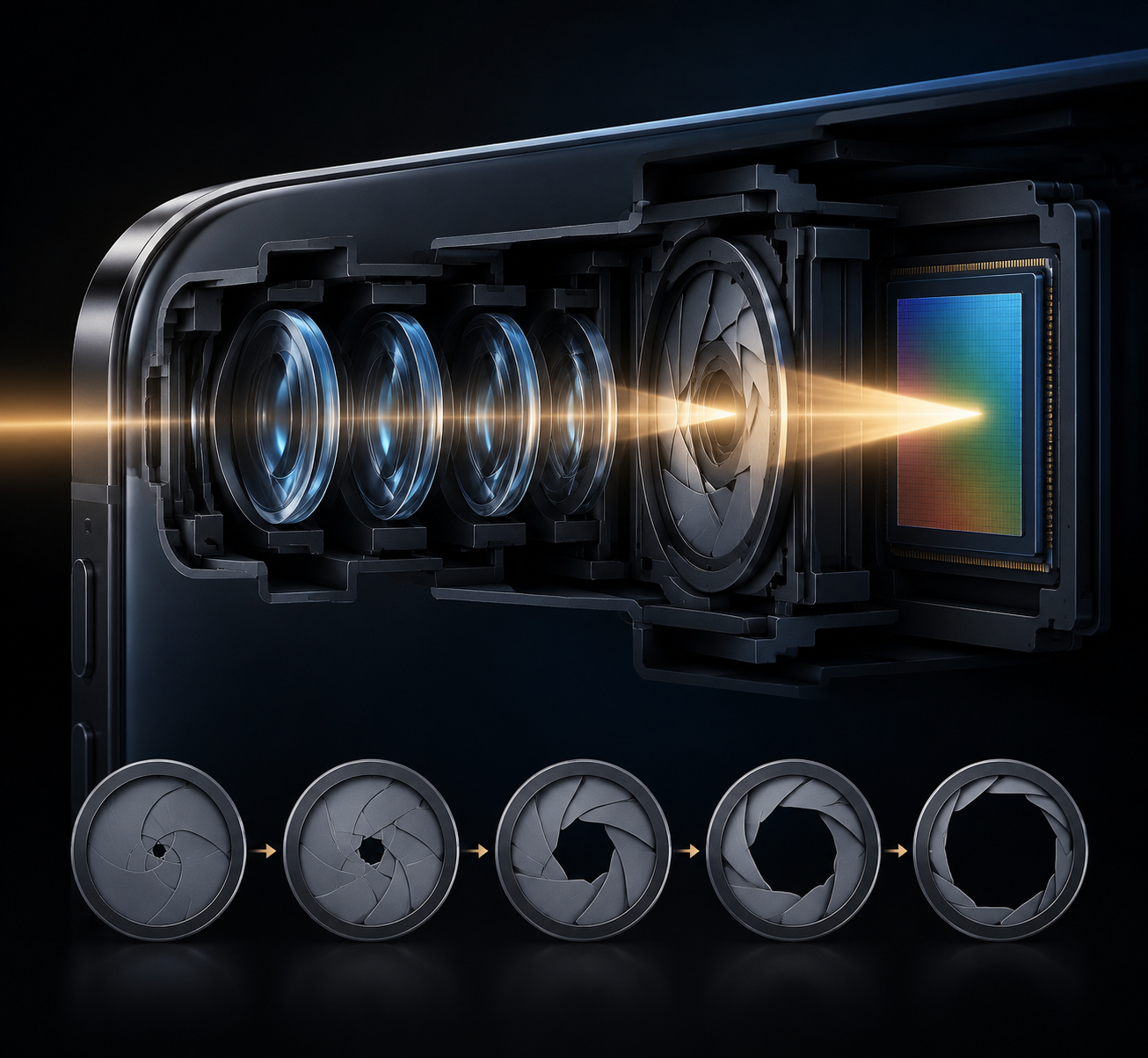 Editorial illustration of smartphone camera aperture blades opening and closing inside a lens mechanism