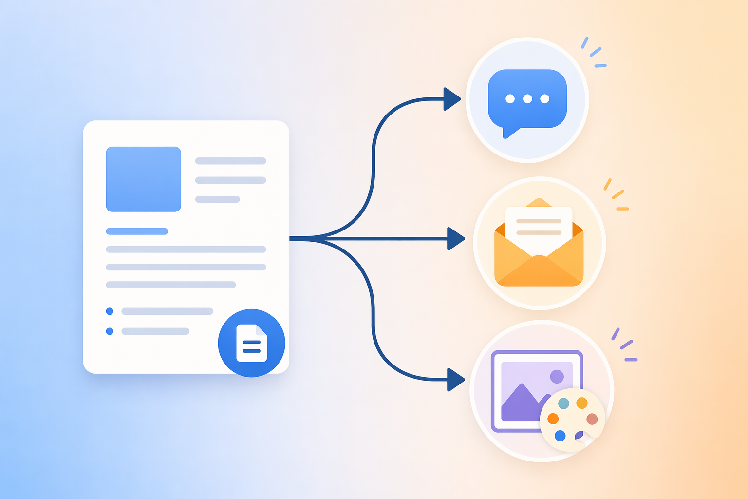 Content repurposing workflow showing one long-form asset branching into social post, email newsletter, and image brief outputs