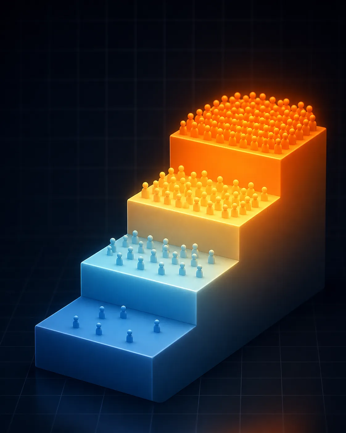 Editorial illustration of a four-step sponsorship pricing ladder with audience dots increasing at higher concurrent-viewer tiers