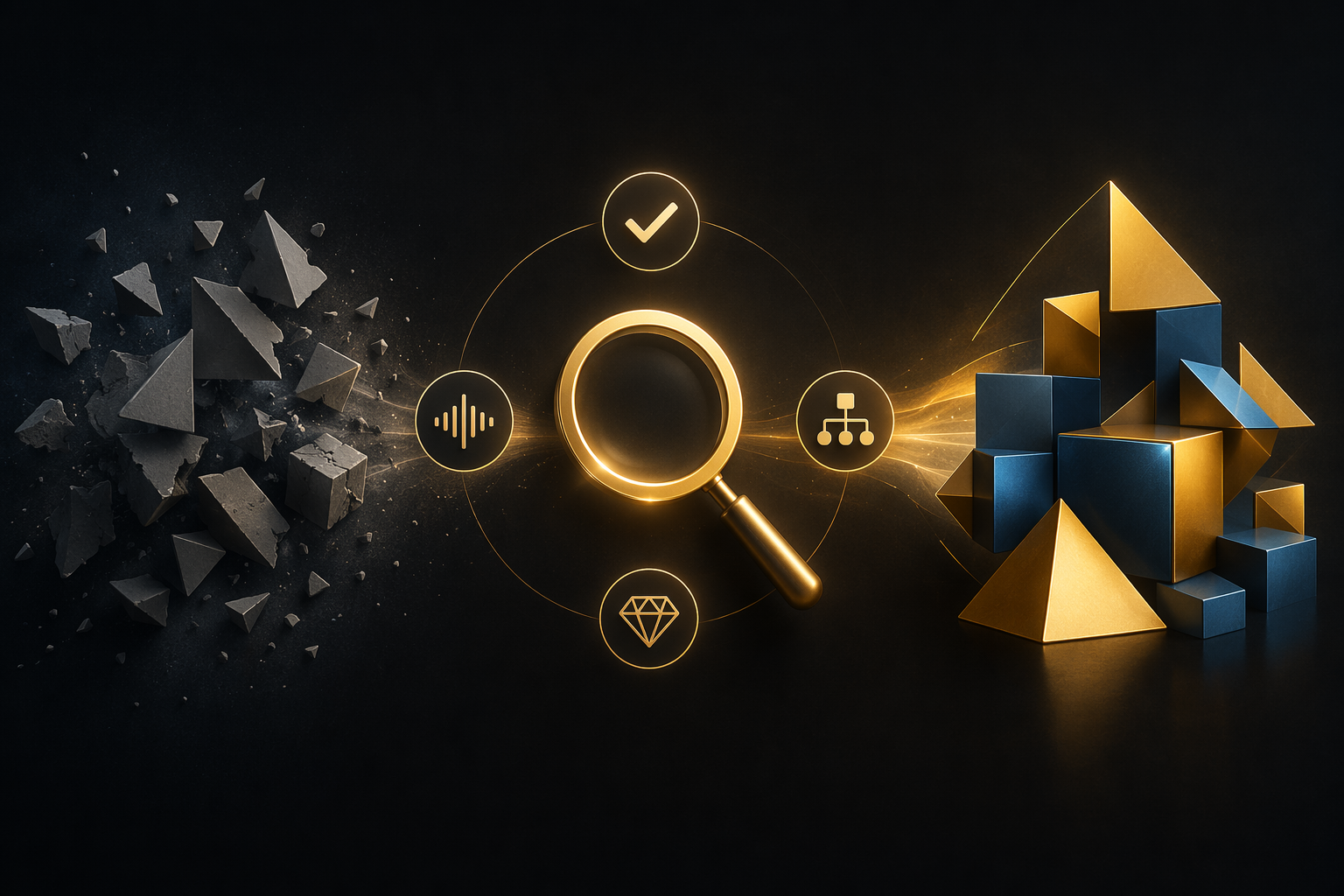 Workflow showing rough AI-generated material refined through editorial review into polished content