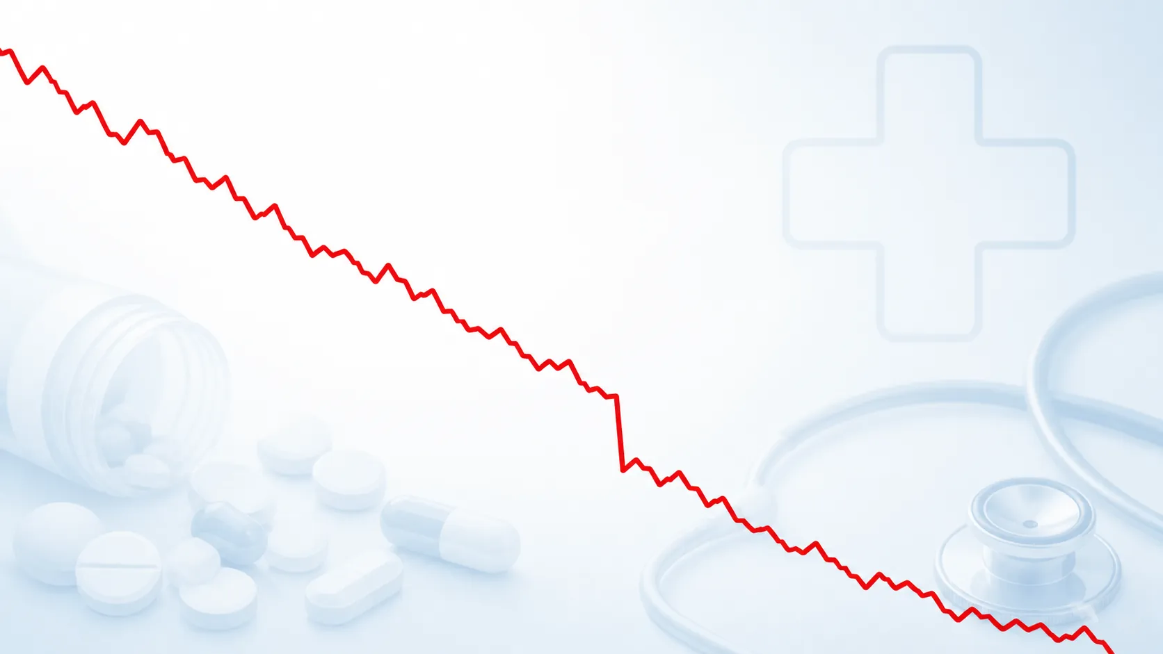 A steeply falling red stock line over a pale clinical background, suggesting a pharma-adjacent stock crash being read as an ad-cycle signal.