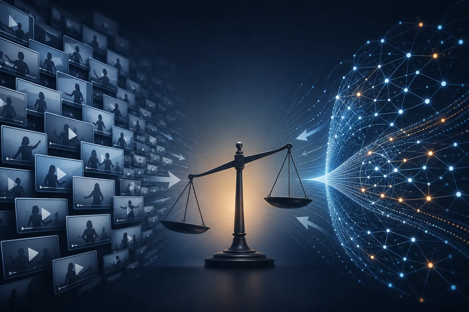 Two opposing forces pressing on a central video ad auction, with AI-generated supply on one side and automated bidding on the other