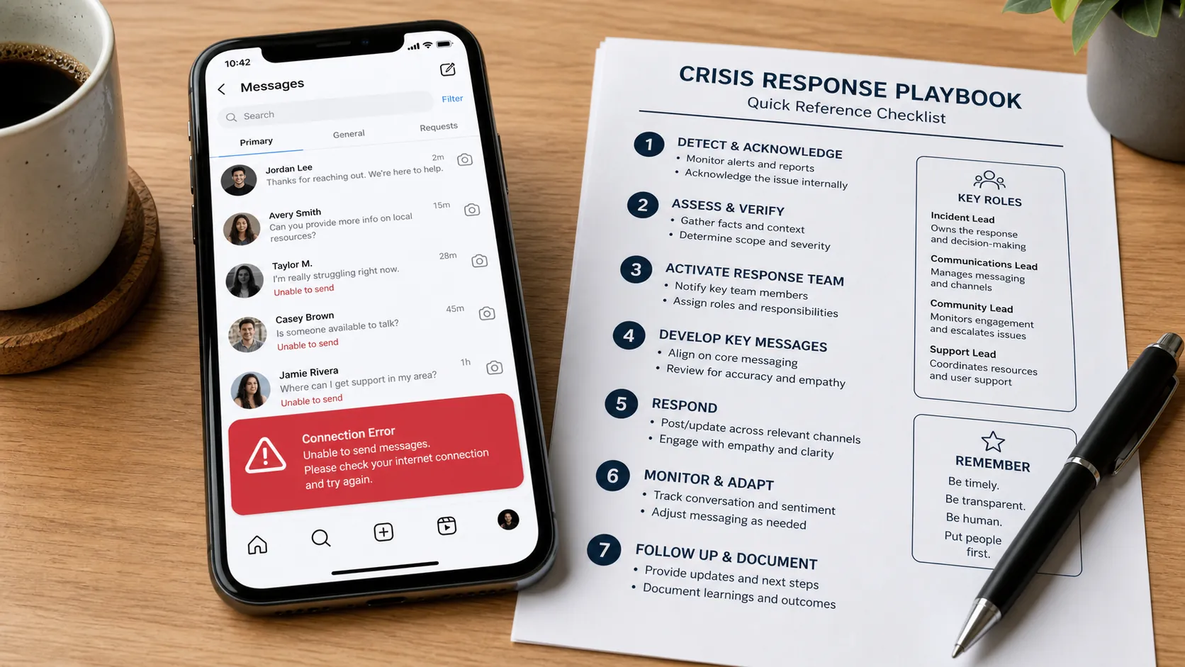 Smartphone showing an Instagram DM connection error beside a printed crisis response checklist