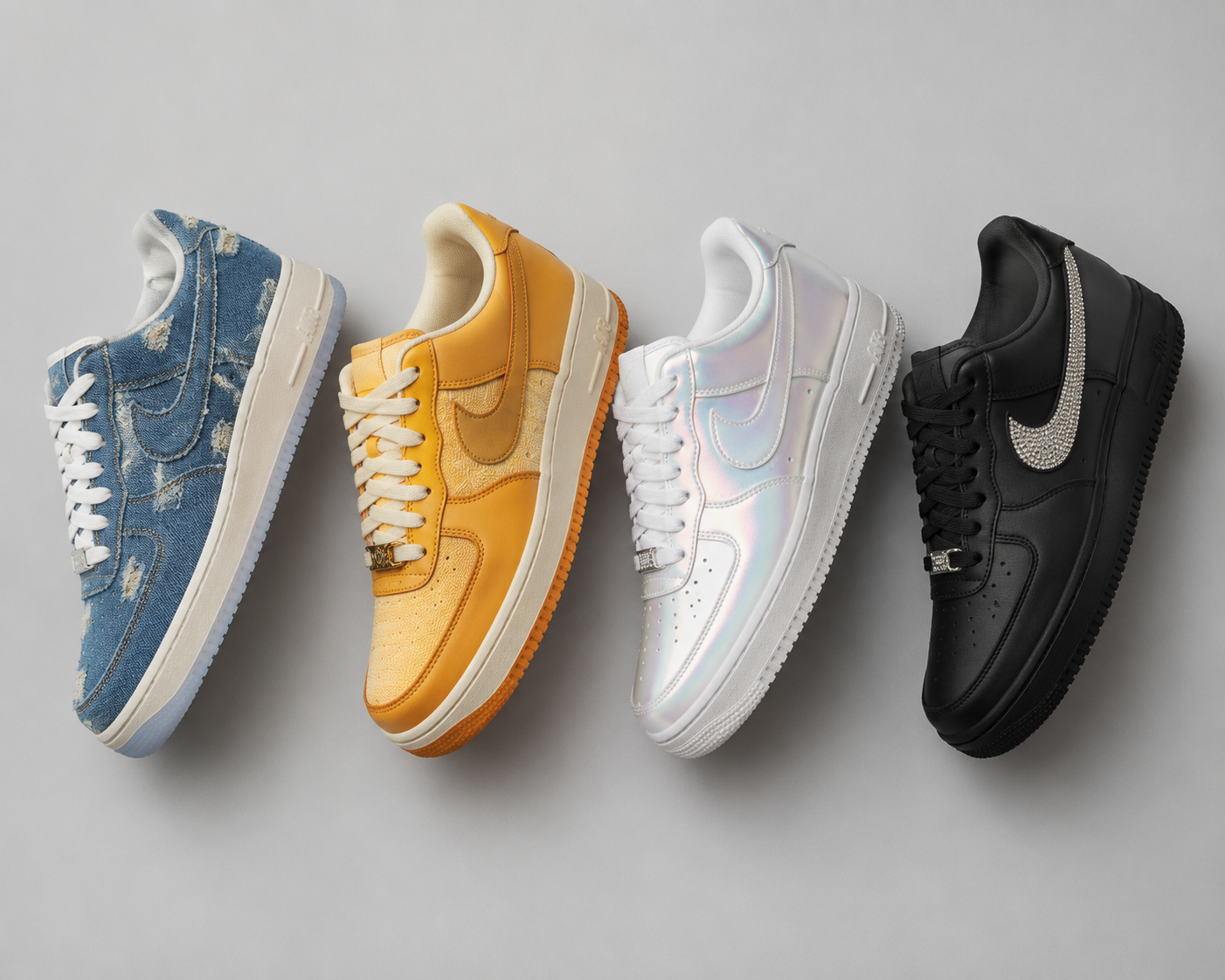Four Ja Morant Air Force 1 variations arranged from denim casual style to pearl and Swarovski statement editions