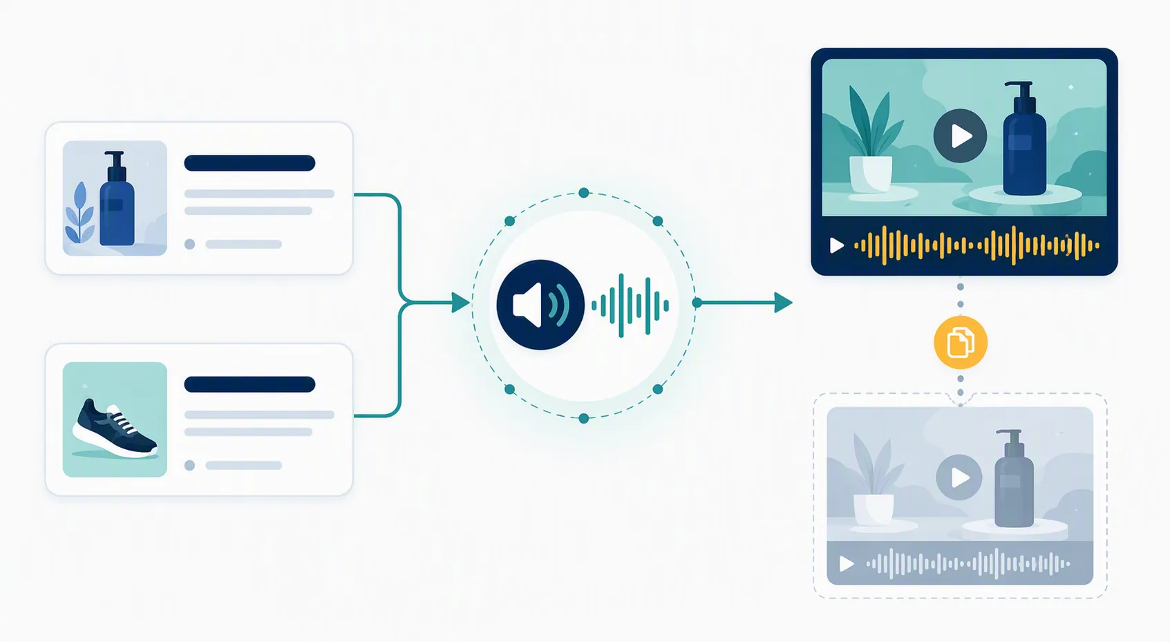 AI voice-over pipeline showing headline and description cards feeding a voice node and creating a new narrated video asset beside the original