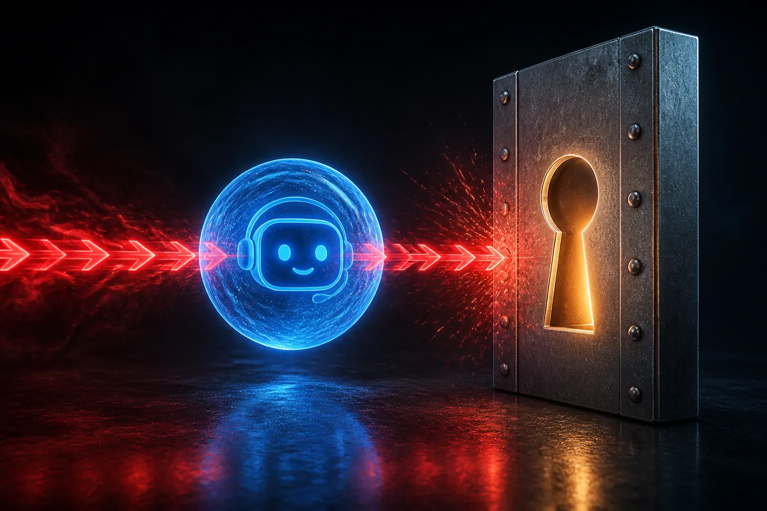 Red attack arrows passing through a glowing AI orb before striking a steel keyhole barrier