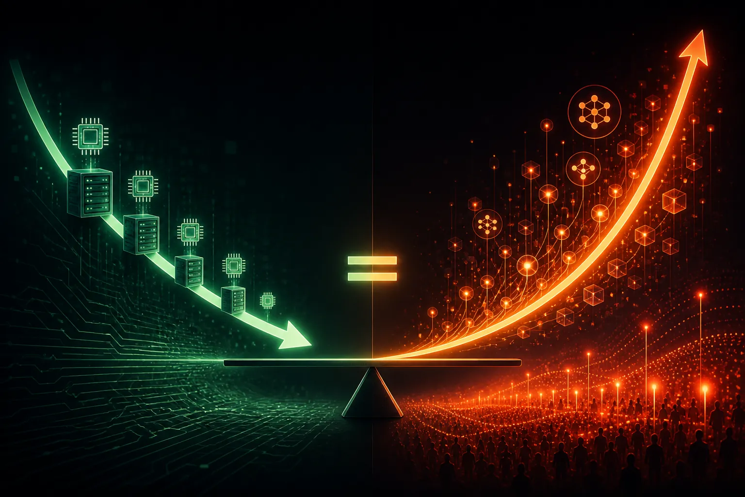 Split chart showing falling unit infrastructure costs on one side and rising AI inference and bidding demand on the other