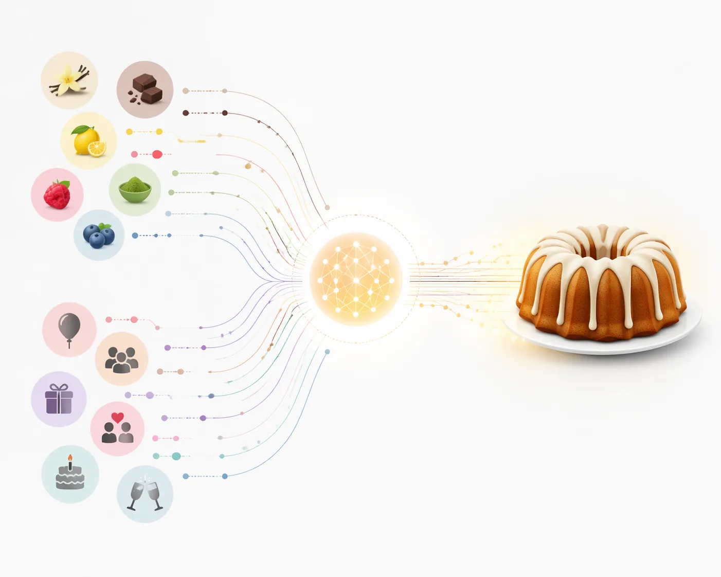 Flavor preference data and occasion-based responses flowing into a central node with a bundt cake icon emerging