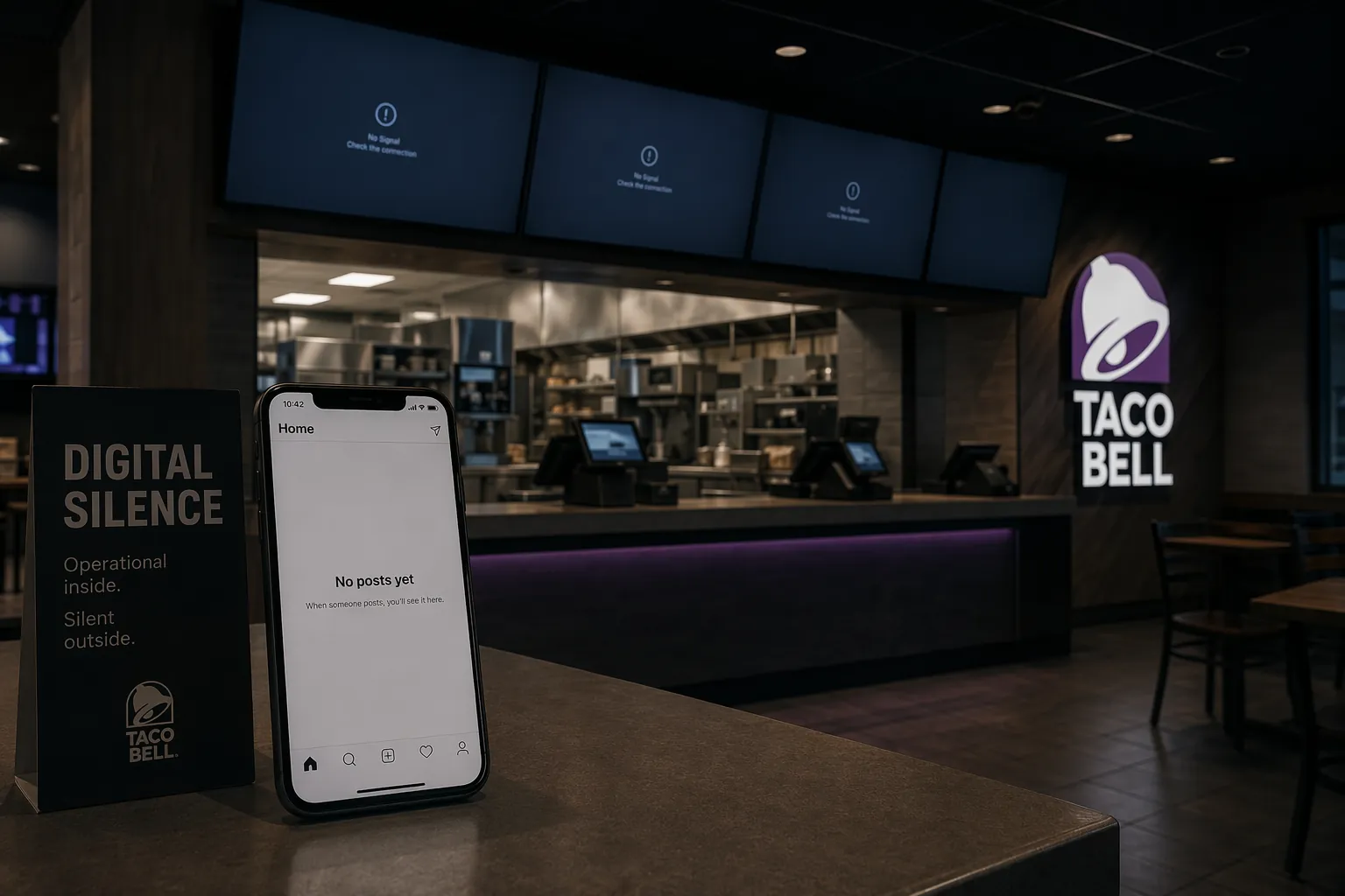 Fast-food restaurant with blank digital menu boards and an empty social media feed while the kitchen remains active in the background